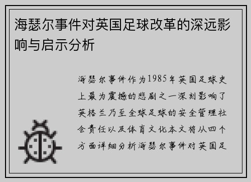 海瑟尔事件对英国足球改革的深远影响与启示分析